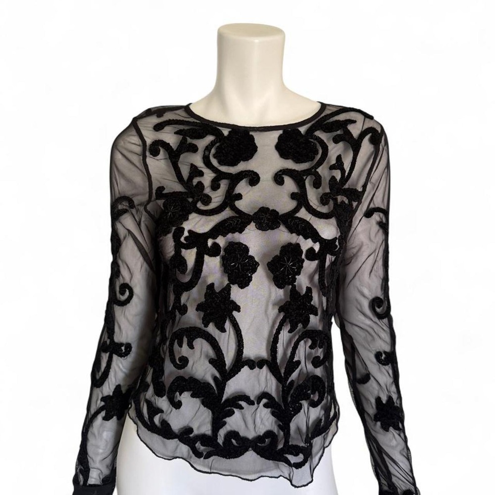 Free People Shine Through Top Black Sheer Mesh Embroidered Long Sleeve Floral